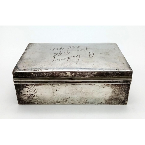 46 - An Antique 1907 Sterling Silver Trinket Box/Cigarette case. Wood-lined interior. Inscription on lid.... 