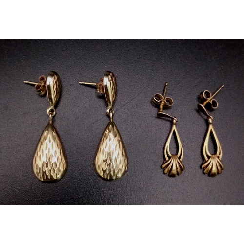 627 - Two Pairs of 9K Yellow Gold Sea-Shell Design Earrings. 2 and 3cm drop. 1.75g total weight.