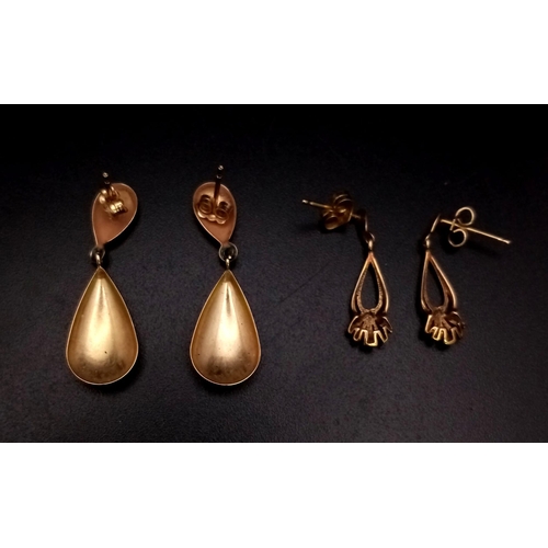 627 - Two Pairs of 9K Yellow Gold Sea-Shell Design Earrings. 2 and 3cm drop. 1.75g total weight.