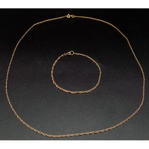 670 - A 9K Yellow Gold Disappearing Necklace and Bracelet Set. 47 and 16cm. 1.72g total weight.