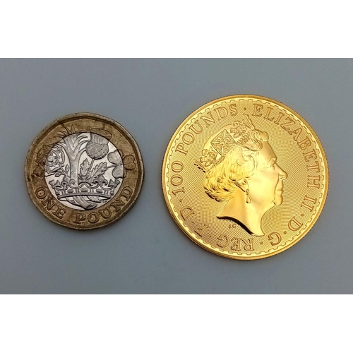 1030 - A 2018 24K Gold (.999) Queen Elizabeth II Britannia £100 Coin. 1oz in gold weight - 31.2g. Proof con... 