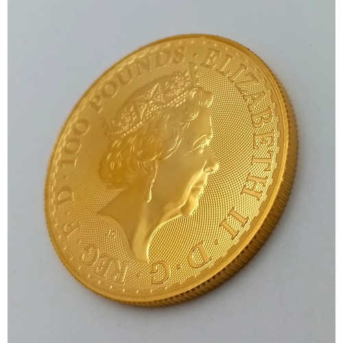 1030 - A 2018 24K Gold (.999) Queen Elizabeth II Britannia £100 Coin. 1oz in gold weight - 31.2g. Proof con... 