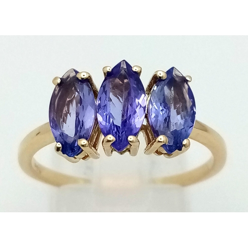 1051 - A Gorgeous 10K Yellow Gold Amethyst Trilogy Ring. Size S. 2.62g total weight. 3 clean oval amethysts... 