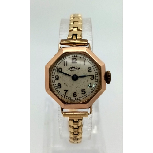 1202 - A Vintage 9K Yellow Gold Albion Ladies Watch. Rolled gold bracelet. 9K yellow gold case - 21mm. 14g ... 