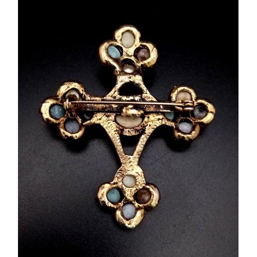 1246 - A Victorian Pinchbeck Gold Cross Brooch with Dropped Coloured Glass Decoration. 5 x 5.5cm.