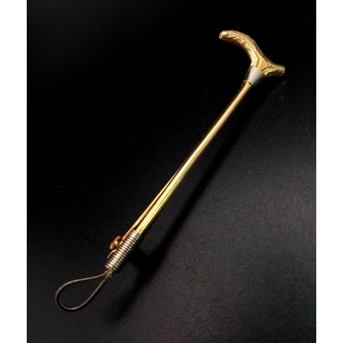 1295 - A Vintage 9K Yellow Gold and Yellow Metal Walking Cane Bar Brooch. 6cm. 3.3g total weight. Boot is h... 