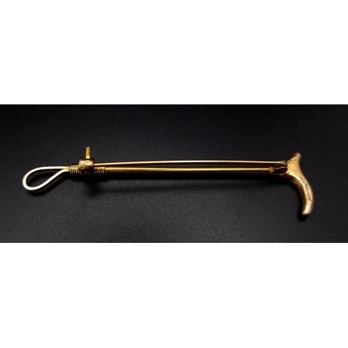 1295 - A Vintage 9K Yellow Gold and Yellow Metal Walking Cane Bar Brooch. 6cm. 3.3g total weight. Boot is h... 