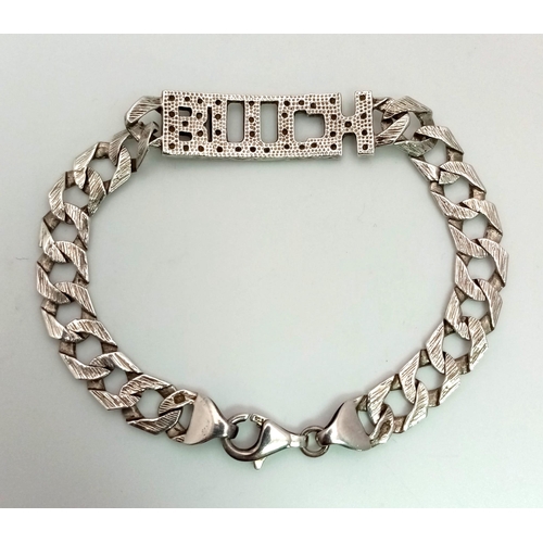 1386 - A 925 Silver Flat Curb Link Bracelet for a Female Dog. White stone decoration. 16cm. 13.75g.