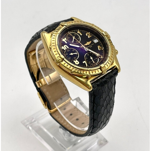 559 - AN 18K SOLID GOLD BREITLING CHRONOGRAPH WITH BLACK FACE AND GOLD NUMERALS, A FABULOUS LOOKING WATCH ... 