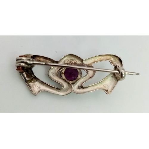 725 - A Very Collectable Charles Horner Sterling Silver and Amethyst Brooch. 3cm