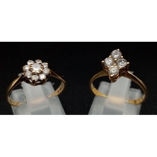 1405 - Two 9K Yellow Gold White Stone Rings. Sizes M and N. 3.36g total weight.