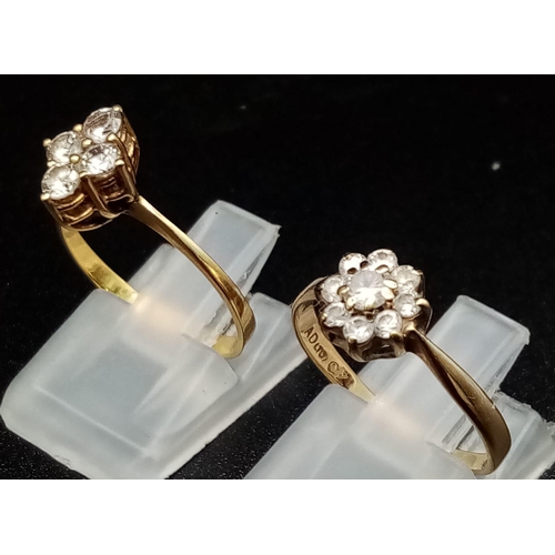 1405 - Two 9K Yellow Gold White Stone Rings. Sizes M and N. 3.36g total weight.