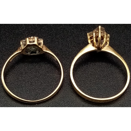 1405 - Two 9K Yellow Gold White Stone Rings. Sizes M and N. 3.36g total weight.