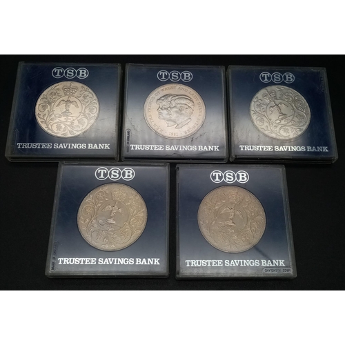 389 - Five Silver Queen Elizabeth II Crown Coins.