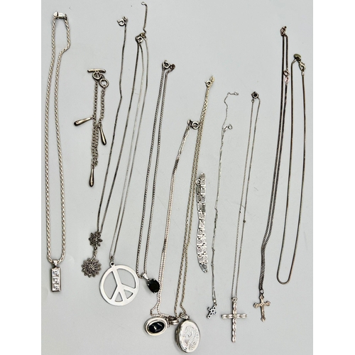 235 - A Mixed Lot of 925 Silver to include 10 Necklaces with Pendants and 2 Bracelets. a/f Total Weight 70... 