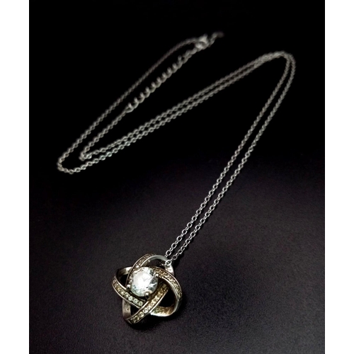 1384 - A 925 Silver White Stone Twist Pendant on a 925 Silver Disappearing Necklace. 2cm and 50cm.