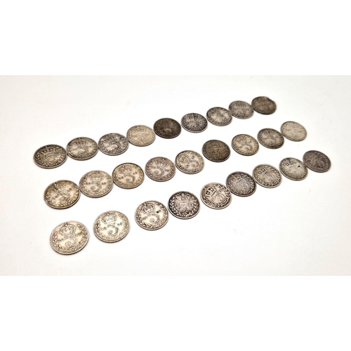 1493 - 26 x Pre 1920 Threepence Coins. Please see Photos for Conditions. Total Weight 37grams.