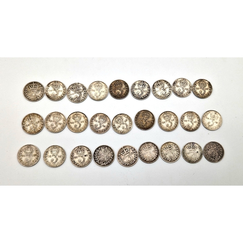 1493 - 26 x Pre 1920 Threepence Coins. Please see Photos for Conditions. Total Weight 37grams.