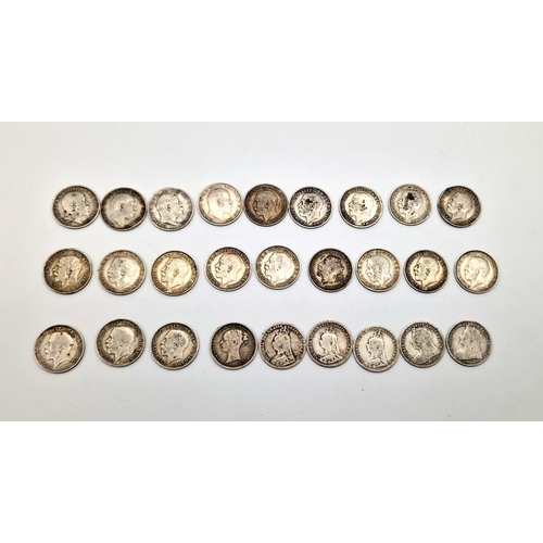 1493 - 26 x Pre 1920 Threepence Coins. Please see Photos for Conditions. Total Weight 37grams.