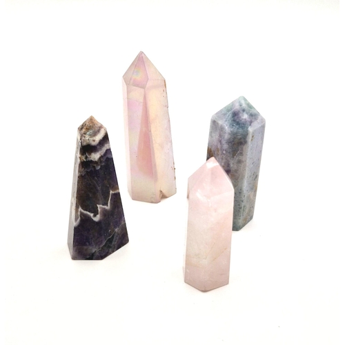 929 - Four Different Small Gemstone Obelisk Point Healing Wands. Amethyst, fluorite and 2 rose quartz. Lar... 