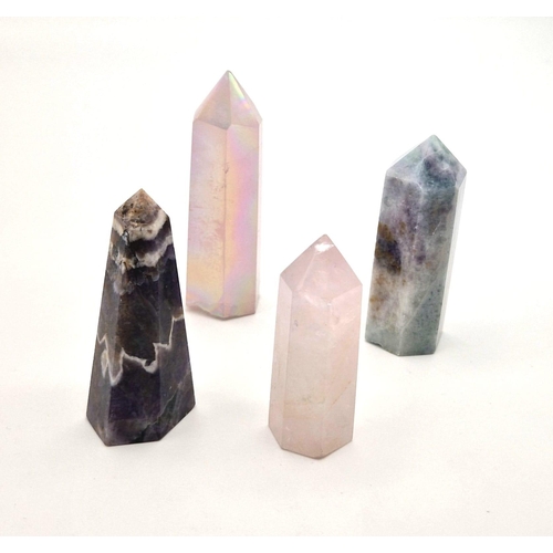 929 - Four Different Small Gemstone Obelisk Point Healing Wands. Amethyst, fluorite and 2 rose quartz. Lar... 