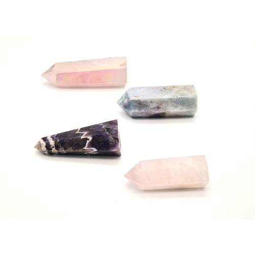 929 - Four Different Small Gemstone Obelisk Point Healing Wands. Amethyst, fluorite and 2 rose quartz. Lar... 