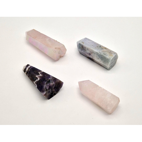 929 - Four Different Small Gemstone Obelisk Point Healing Wands. Amethyst, fluorite and 2 rose quartz. Lar... 