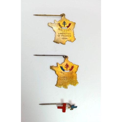 664 - 3 x WW2 French Liberation Pins. 1 x Liberation France, 1 x Liberation Paris and 1x Free French cross... 