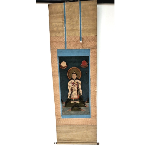 223 - AN ANCIENT HAND PAINTED CHINESE BUDDHIST PAINTING ON A SCROLL, CIRCA 1600'S ,   51 X 28cms