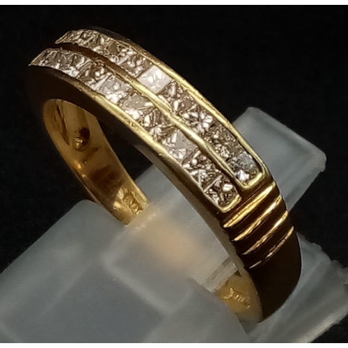 124 - An 18K Yellow Gold Half-Eternity Diamond Ring. 20 Princess cut diamonds - 0.6ct. Size N. Total weigh... 