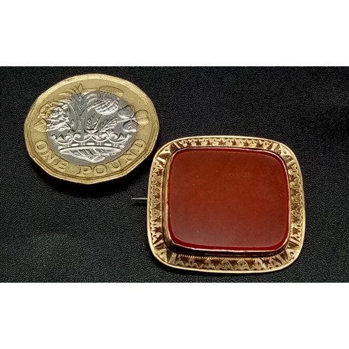 1374 - A Victorian High-Karat Gold Carnelian Square Brooch. 25 x 25mm. Pin has been replaced. Total weight ... 