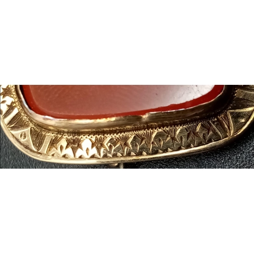 1374 - A Victorian High-Karat Gold Carnelian Square Brooch. 25 x 25mm. Pin has been replaced. Total weight ... 