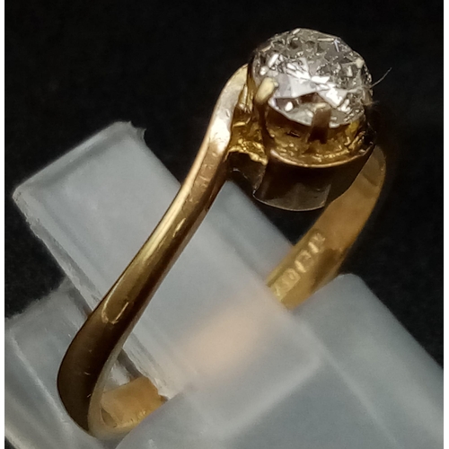 1382 - A Vintage 18K Yellow Gold Diamond Solitaire Ring. 0.3ct round cut diamond. Size K. 2.4g total weight... 