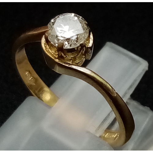 1382 - A Vintage 18K Yellow Gold Diamond Solitaire Ring. 0.3ct round cut diamond. Size K. 2.4g total weight... 