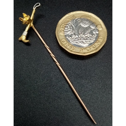 312 - A Victorian High-Karat Gold, Platinum Fox Head and Riding Crop Stick pin! 6cm. Total weight 1.59g.