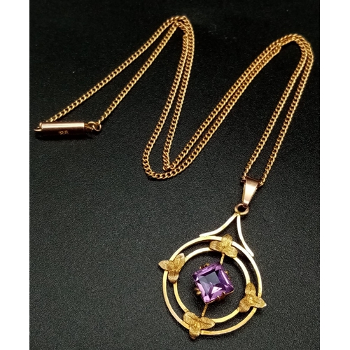 932 - An Antique Art Nouveau 9k Gold and Amethyst Pendant on its Original 9K Gold Necklace. 4cm and 40cm. ... 