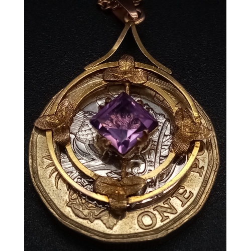 932 - An Antique Art Nouveau 9k Gold and Amethyst Pendant on its Original 9K Gold Necklace. 4cm and 40cm. ... 