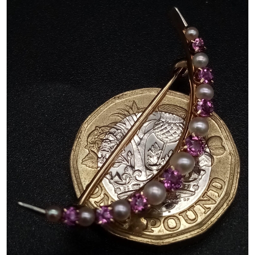 946 - An Edwardian High-Karat Gold Pink Sapphire and Pearl Brooch. 4cm. 2.65g total weight.