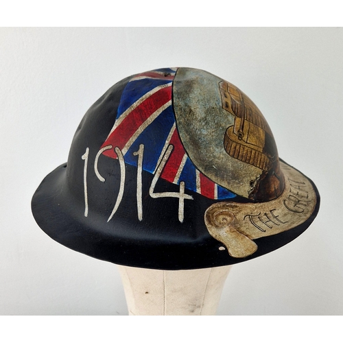 128 - WW1 British Helmet with post War memorial Painting.