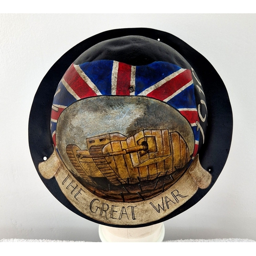 128 - WW1 British Helmet with post War memorial Painting.