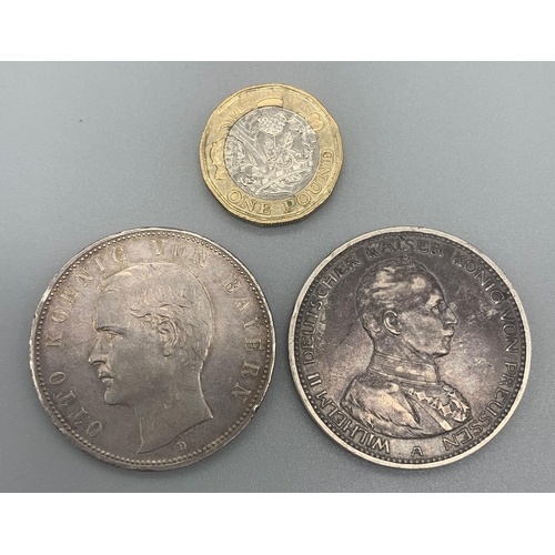 267 - A 1913 and a 1914 German Five Marks Silver Coin. Please see photos for conditions.