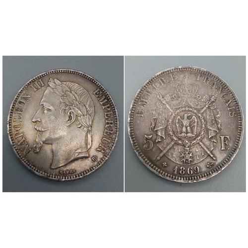 354 - An 1869A French 5 Franc Silver Coin. Please see photos for conditions.