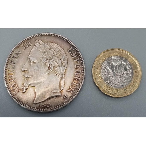 354 - An 1869A French 5 Franc Silver Coin. Please see photos for conditions.