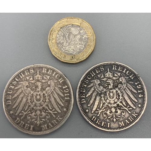 368 - Two German 1911 and 1914 Silver Three Mark Coins. Please see photos for conditions.