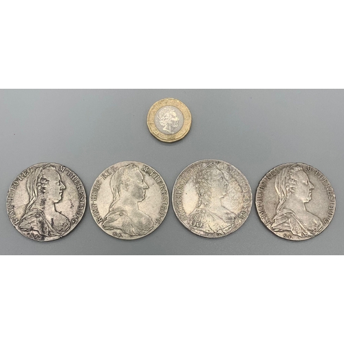 66 - Four 1780 Maria Theresa Thaler Silver Coins. Please see photos for conditions. 112g total weight.