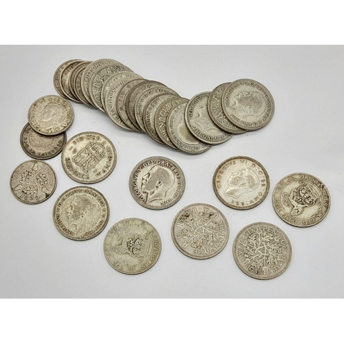 1070 - A Parcel of 29 Pre-1947 Silver Coins Comprising; 22 Shillings, 7 Three Pennies, including some WW2 I... 