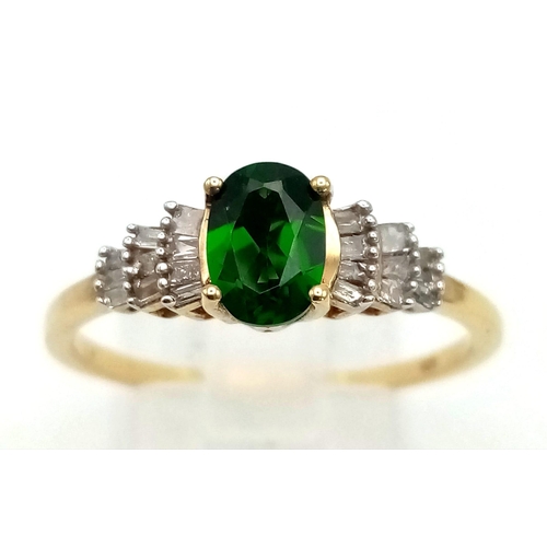 1213 - A New Sterling Silver Yellow Gold Gilt Green and Clear Cubic Zirconia Ring, Size T. The Emerald Gree... 