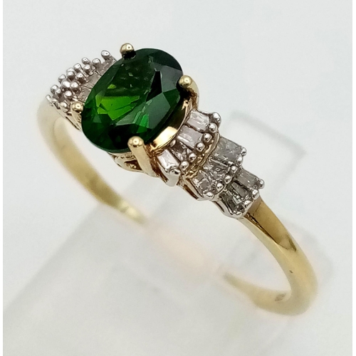 1213 - A New Sterling Silver Yellow Gold Gilt Green and Clear Cubic Zirconia Ring, Size T. The Emerald Gree... 