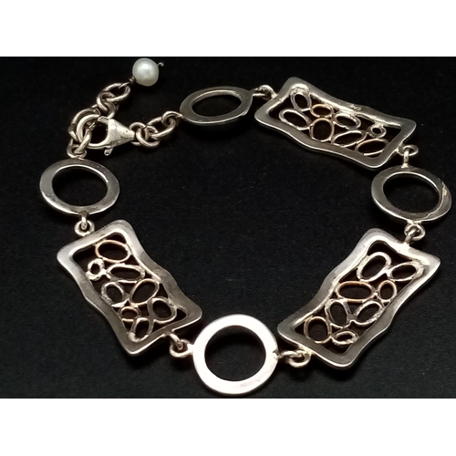 1357 - New Hand Beaten Sterling Silver Filigree Style Bracelet with Pearl. 19cm Length 10.13 Grams in Prese... 