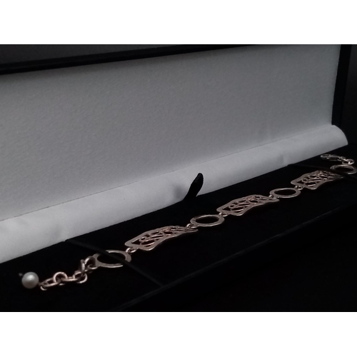 1357 - New Hand Beaten Sterling Silver Filigree Style Bracelet with Pearl. 19cm Length 10.13 Grams in Prese... 